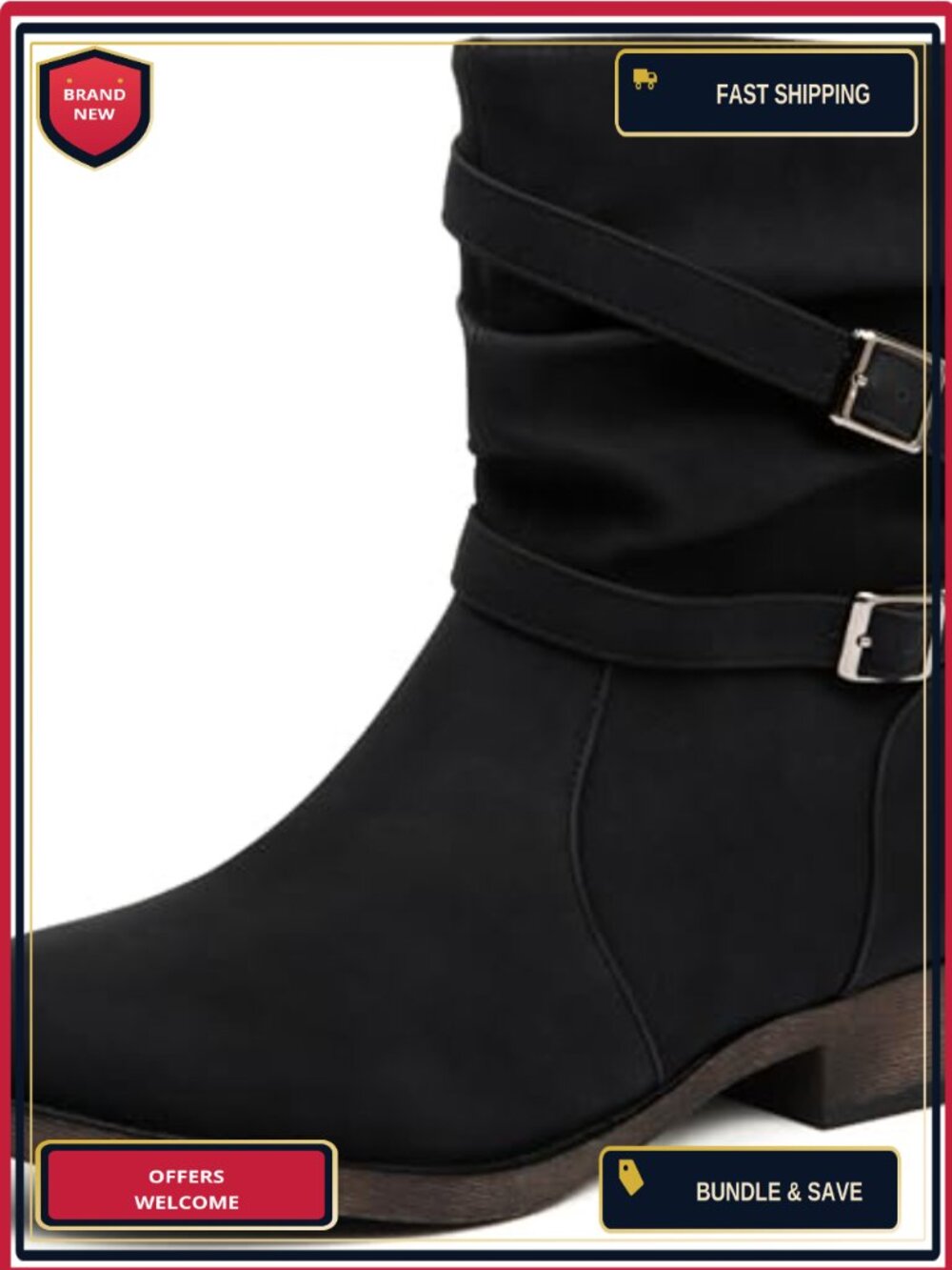 Western Mid-Calf Boots Faux Leather Chunky Heel Side Zipper
